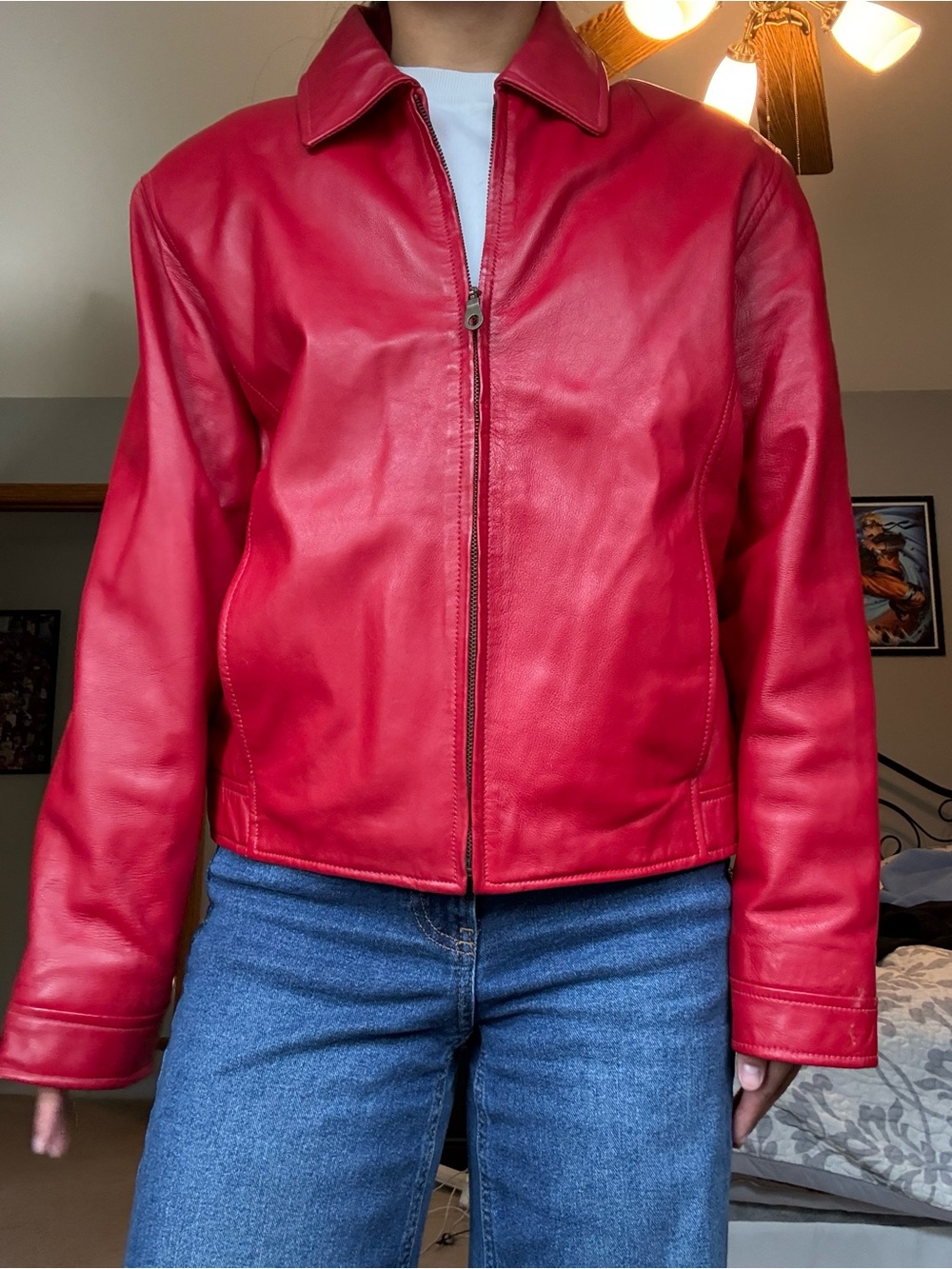 Vintage Excelled Cherry Red Leather Bomber Jacket